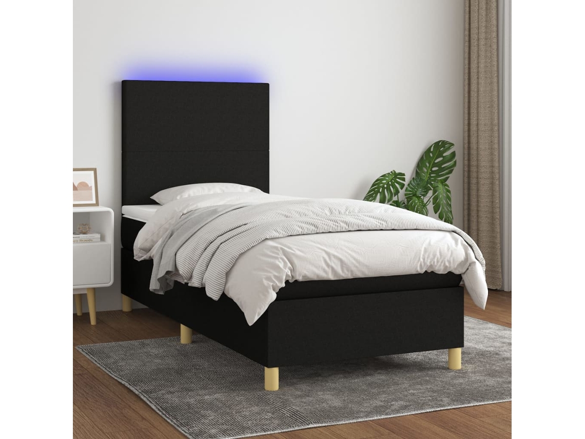 Cama Box Spring Colchón Y Luces Led Tela Negro 100x200 Cm