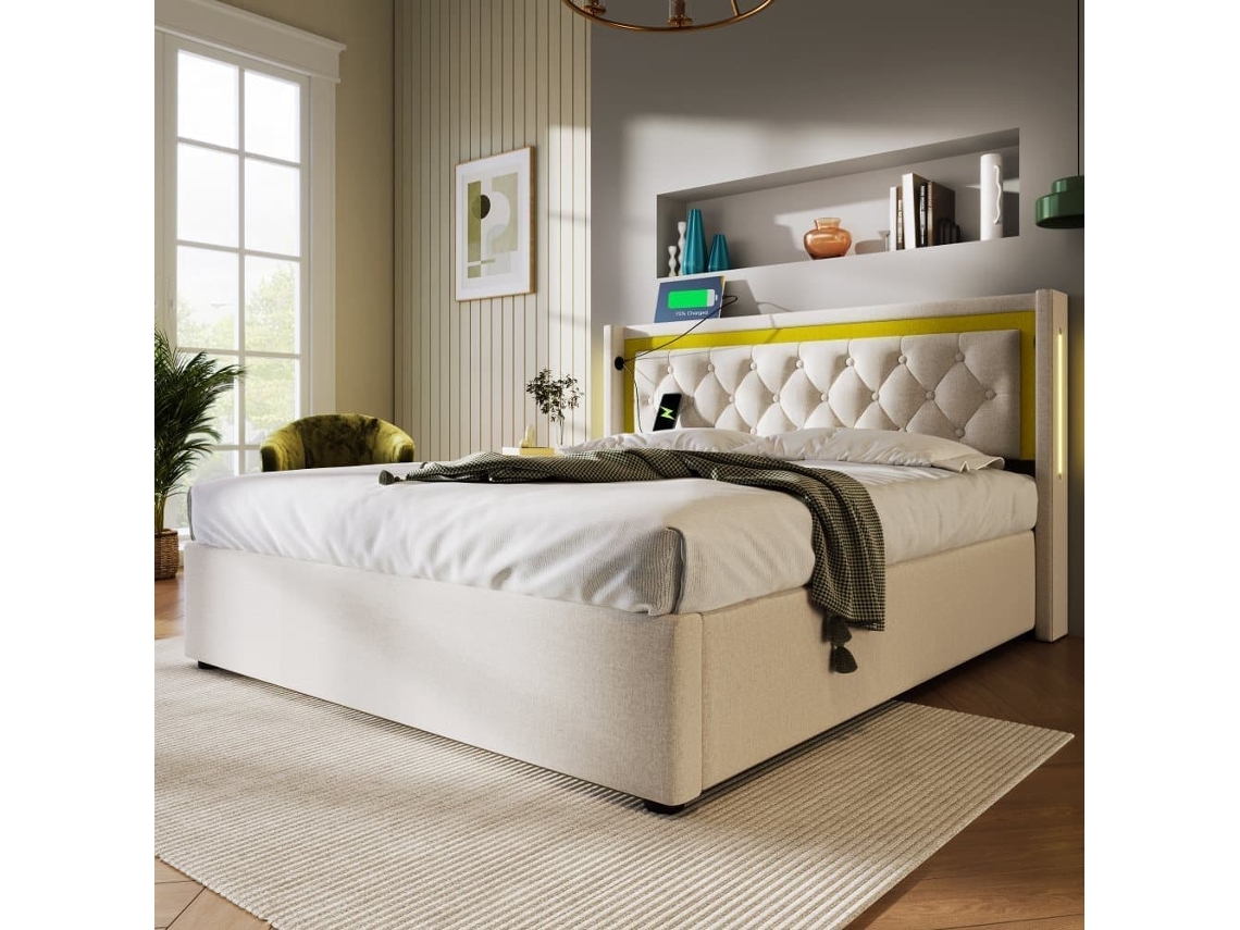 Cama Tapizada Led 140x200 - Estante Con Almacenamiento, Función De Carga Usb Tipo C, Cabecero, Estructura De Algodón - Beige