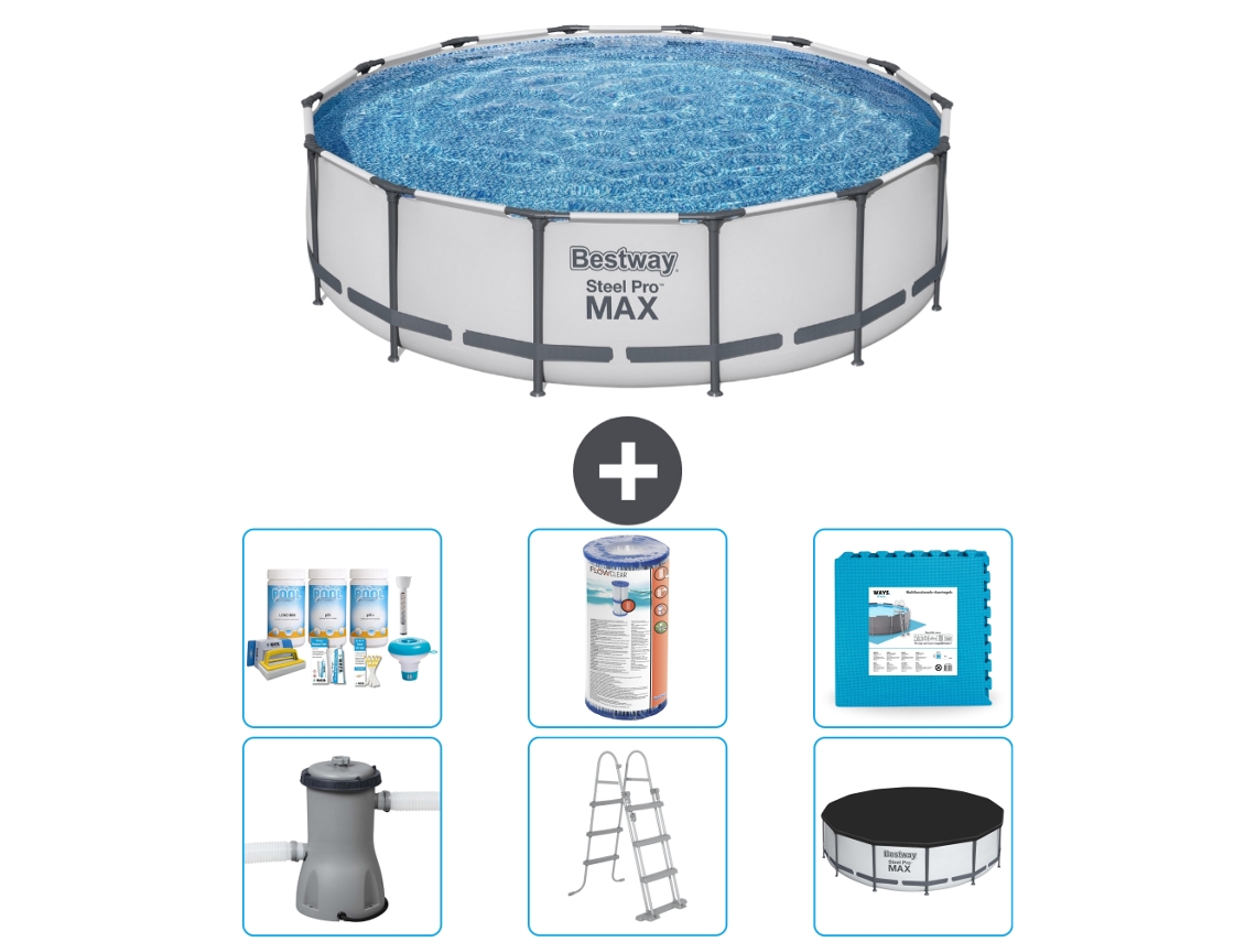 Piscina BESTWAY Round Steel Pro MAX - 427 x 107 cm - Gris - Bomba incluida - Escalera - Cobertor Paquete de mantenimiento - Filtrar - Baldosas