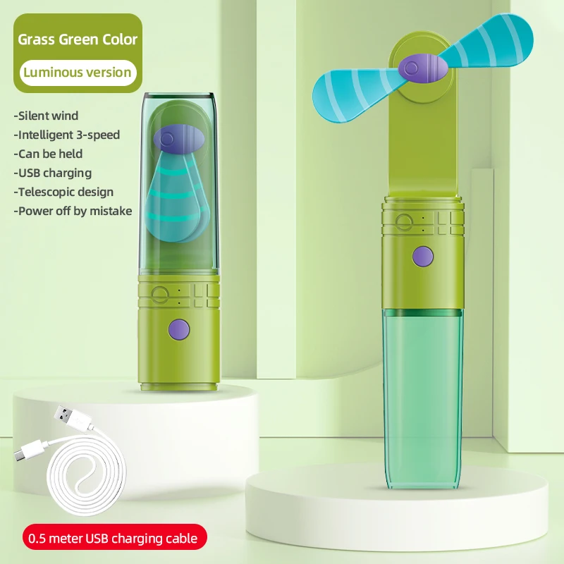 Mini Ventilador Usb Plegable Con Forma De Pintalabios (verde Claro) Que Brilla En La Oscuridad: Tres Velocidades De Viento Con Sensor Táctil.