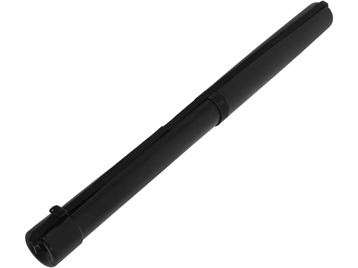 Tubo de almacenamiento telescópico de gran capacidad con asa ajustable, en plástico negro.