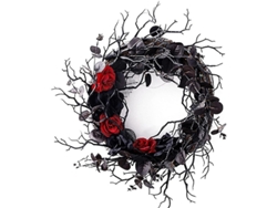 Corona De Halloween Para Puerta Con Calavera Negra Y Rosas Rojas Artificiales.
