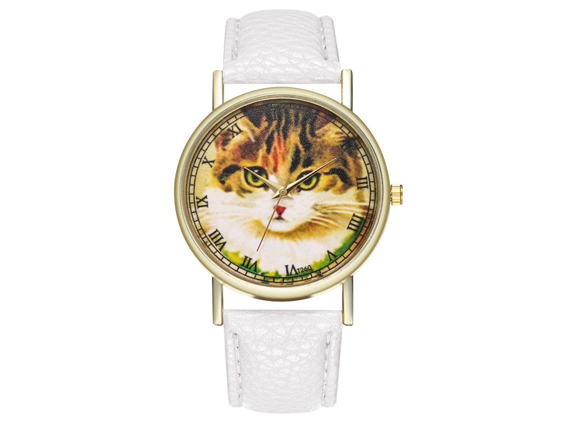 Reloj De Pulsera De Cuarzo Para Hombre/mujer Con Piel Sintética Y Estampado De Gato Blanco.