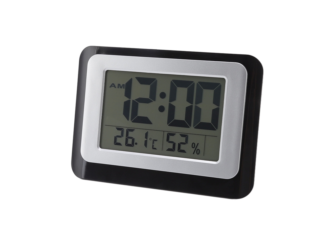 Reloj digital con pantalla de luz azul grande, que incluye indicador de temperatura y humedad, ideal para talleres.