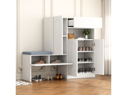 Zapatero 2 en 1 con puertas curvas y estantes ajustables, asiento acolchado, blanco, MOBRIO (130 x 35 x 110 cm)
