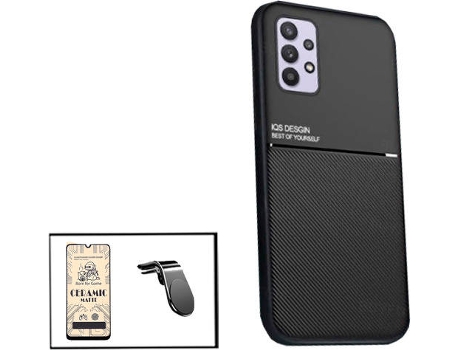 Kit Funda Magnetic Lux, Cristal Templado CeramicGlass Full Cover y Soporte Magnético L Safe Driving Samsung Galaxy M32 5G PHONECARE Negro