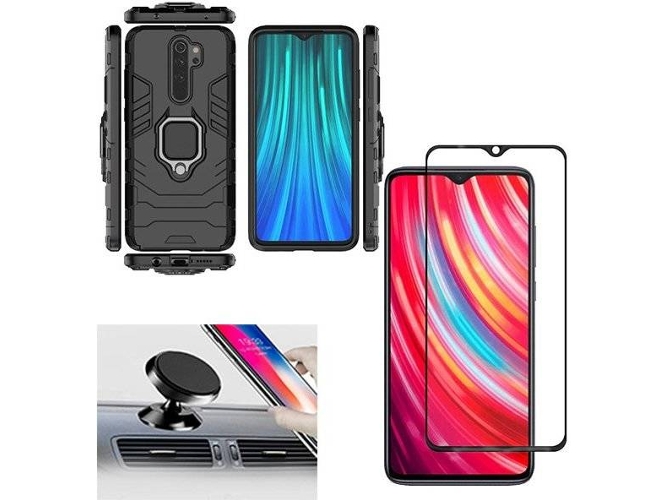 Kit PHONOCARE Xiaomi Note 8 Pro Protector de Cristal 5D Full Cover + Carcasa 3X1 Military Defender Negro + Soporte magnético para coche