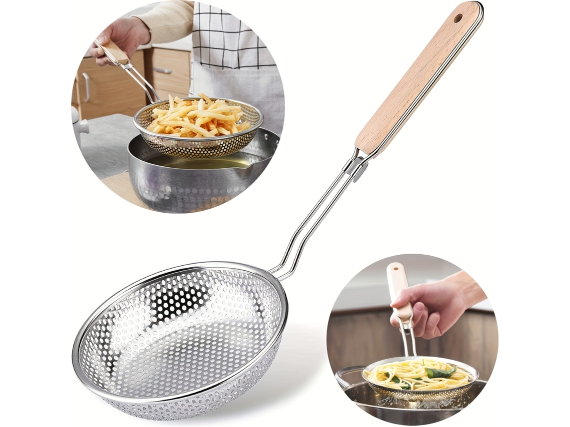 Colador De Acero Inoxidable De Alta Calidad Con Mango De Madera, Apto Para Cocinar, Preparar Alimentos Y Filtrar Aceite.