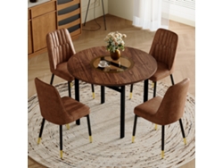 Conjunto De Mesa Redonda (100 Cm) De Madera, Con 4 Sillas Tapizadas En Tela Marrón Y Metal Negro.