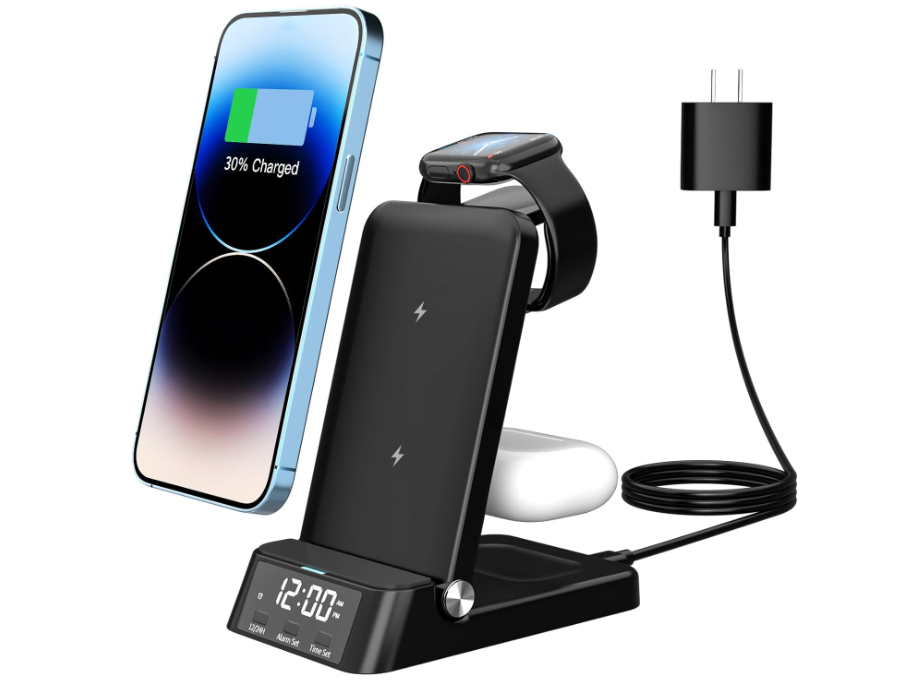 BISBISOUS A60 Estación de Carga Rápida Inalámbrica 3 en 1 Dispositivos Apple Reloj Despertador Pantalla LED Clara Negro