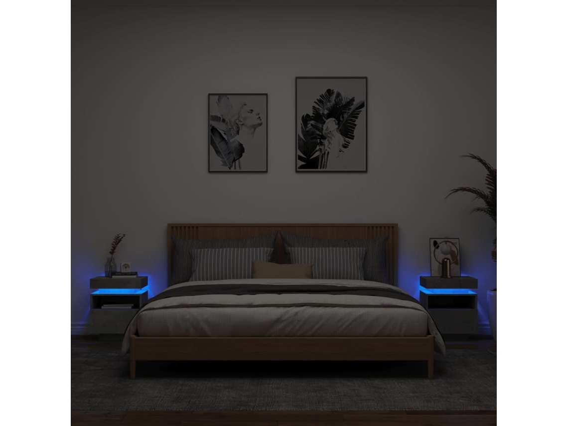 Cabecero Mesitas Noche Luces Led Uds Madera Gris (40x39x48.5cm)