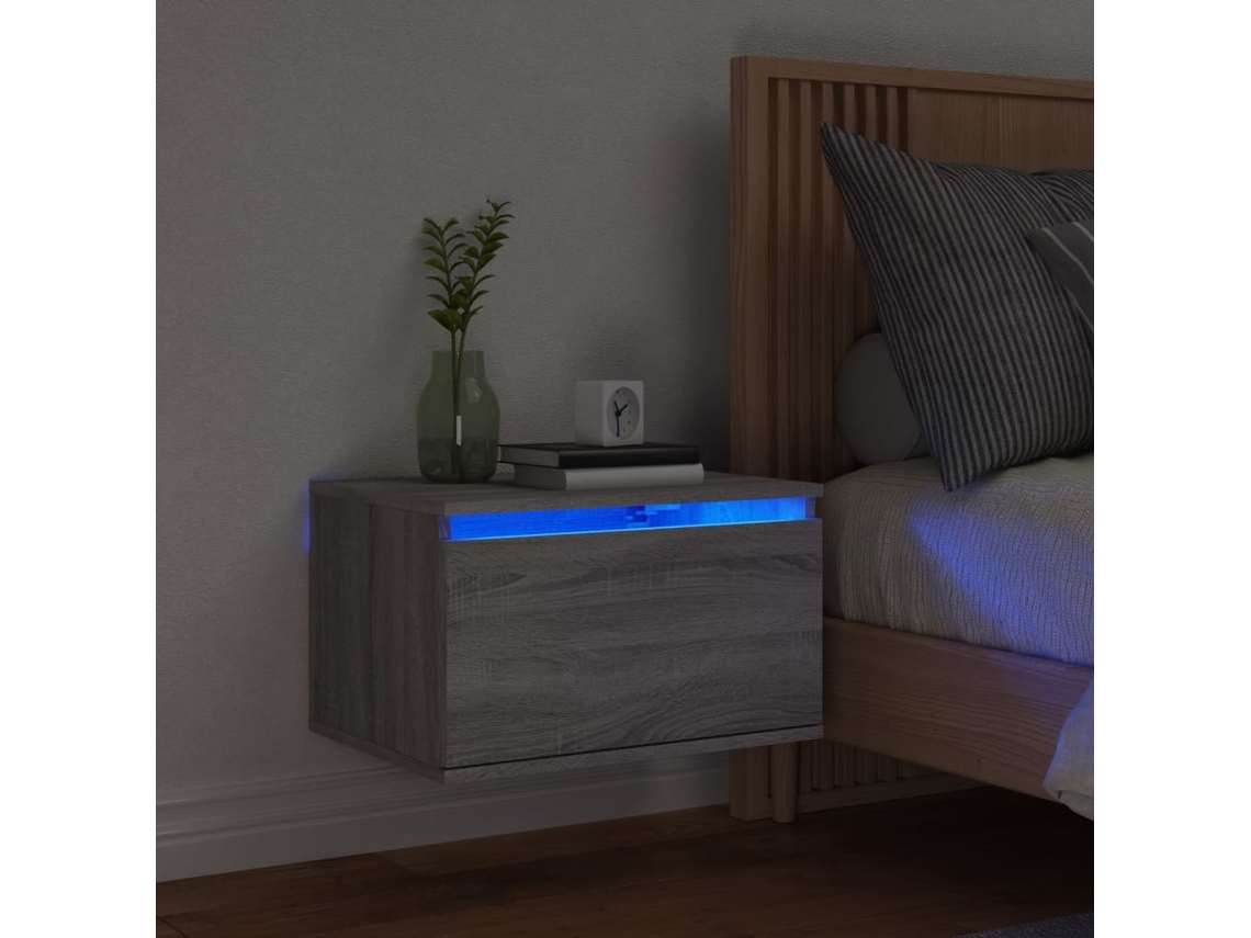 Mesita de Noche Pared Luces Led Madera Gris