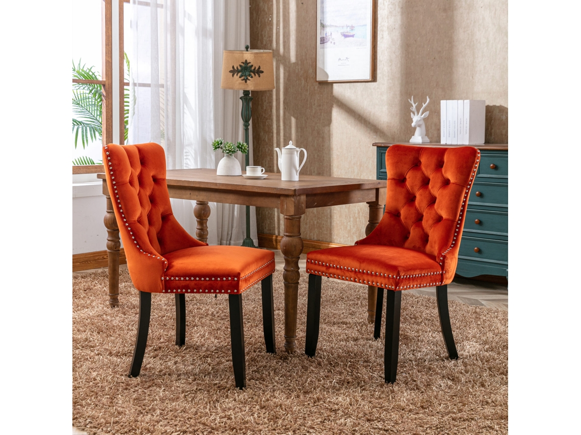 Juego de 2 sillas de comedor modernas, tapizadas en terciopelo, respaldo capitoné, patas de madera naranja, Mobrio