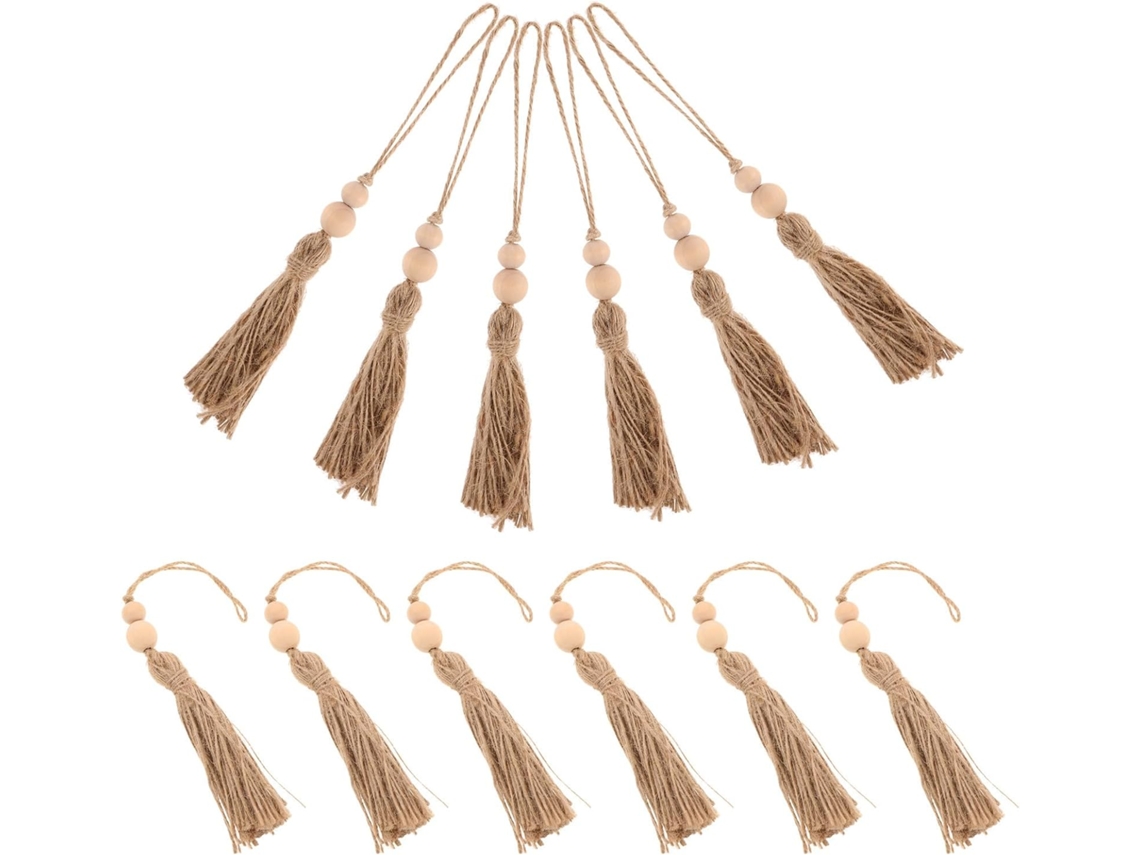 Guirnaldas de madera con cuentas, borlas y cuerda, estilo rústico bohemio, longitud ajustable, juego de 12 piezas, decoración GOKOCO