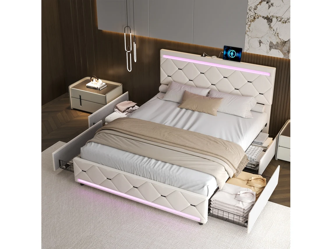 Cama Doble, 140 X 200 Cm, Cama Tapizada Con Led, Usb Y 4 Cajones Para Adolescentes Y Adultos, Terciopelo Beige