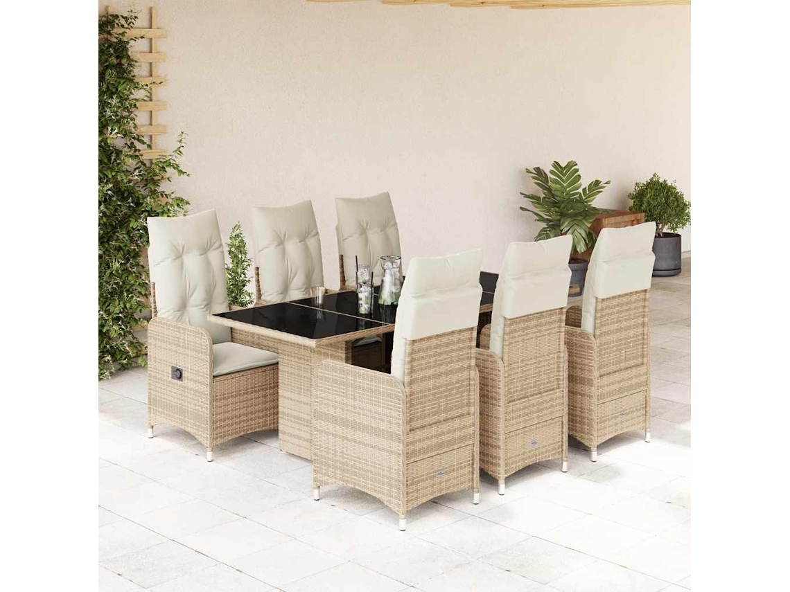 Conjunto de bistró de jardín de 7 piezas con cojines de mimbre beige DKD Home Decor