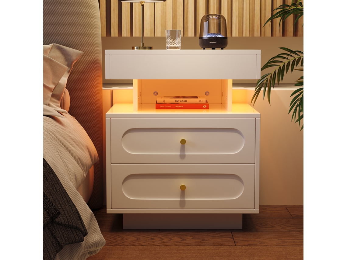 Mesita De Noche Led Con 2 Cajones Y Compartimento, Blanca, 50x40x60cm