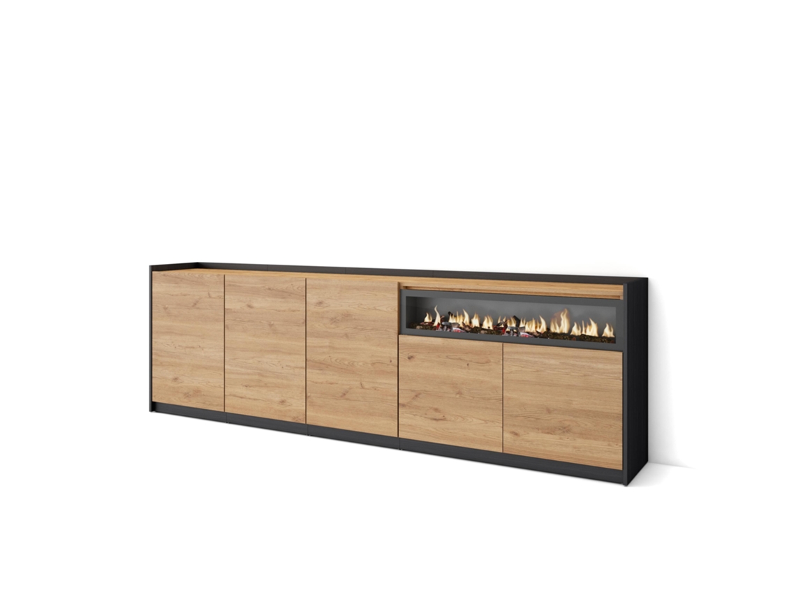 Aparador de comedor, 260x37x80cm, 5 puertas, chimenea eléctrica, roble y negro.