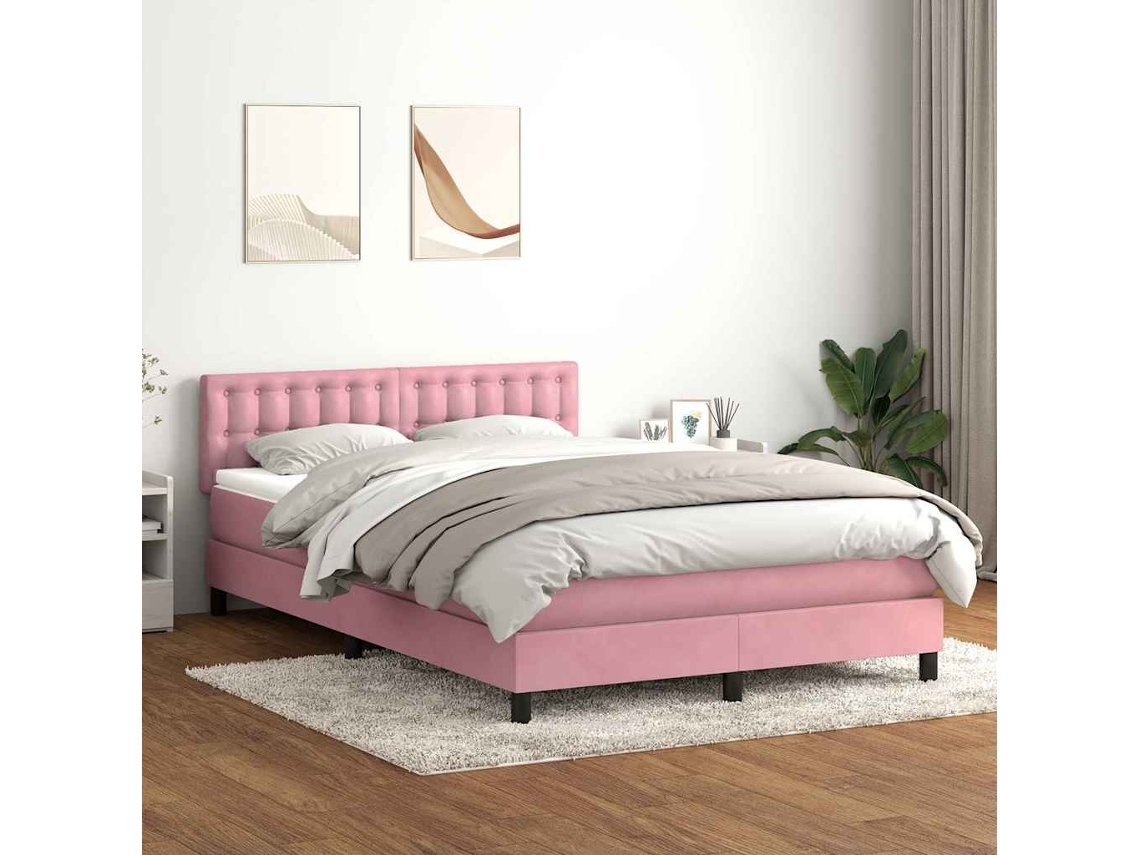 Cama Box Spring Con Colchón Terciopelo Rosa 140x210 Cm