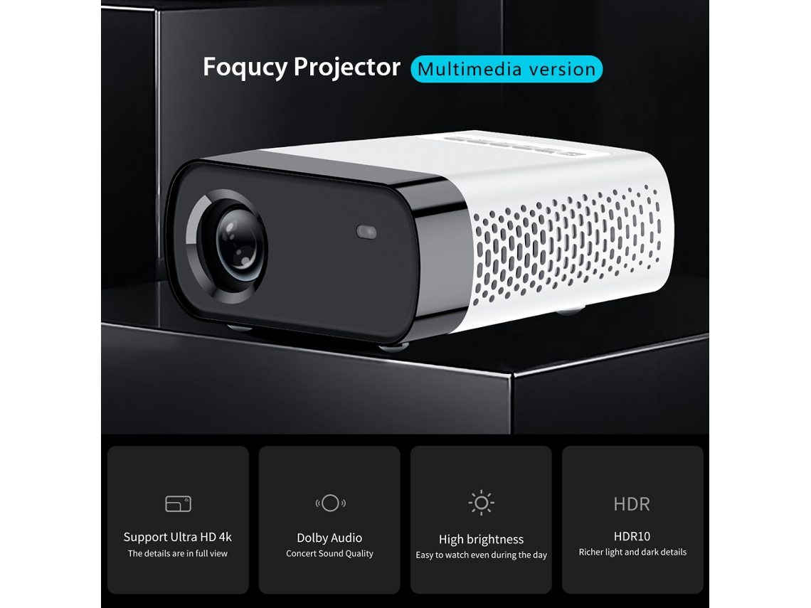 Proyector multimedia Foqucy, versión HD 1080p, proyección nítida, 1800 lúmenes, LED, 30 000 h de vida útil, mini reproductor multimedia doméstico, proyector de vídeo, cine en casa