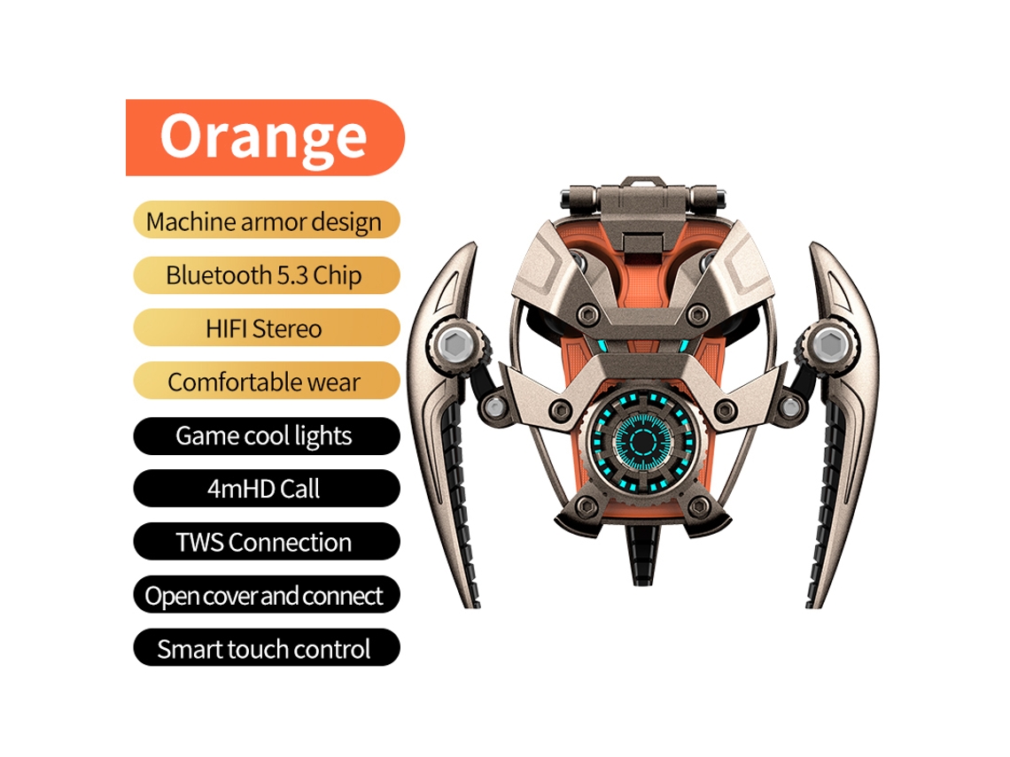 Auriculares Bluetooth Con Armadura Metálica (naranja), Cancelación Activa De Ruido, Graves Hifi Y Sonido Envolvente.