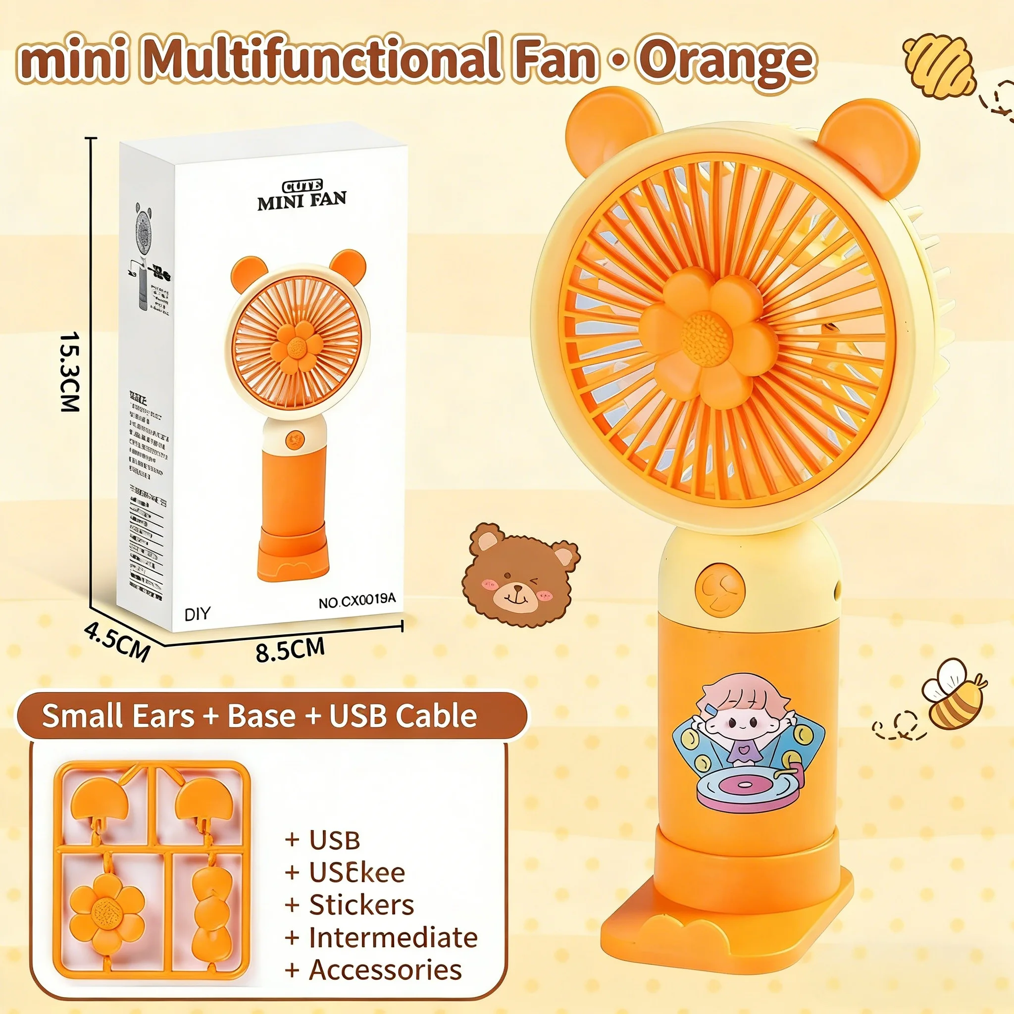 Mini ventilador recargable USB MDUG, color naranja, con soporte para teléfono móvil.