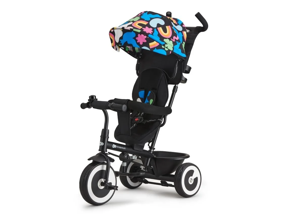 Triciclo Kinderkraft ASTON evolutivo con asiento reversible, ruedas EVA antipinchazos, capota plegable y empujador Happy Shapes