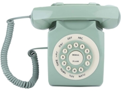 Teléfono fijo europeo de estilo retro, con memoria para números, botones grandes y color verde.