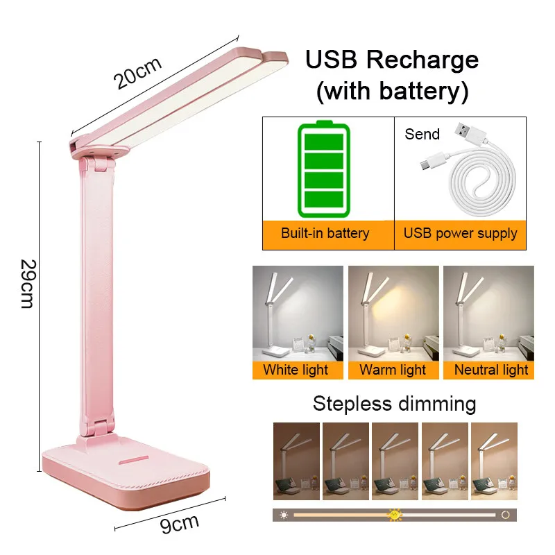 Lámpara de escritorio LED recargable (rosa), recargable por USB, con 3 niveles de intensidad, pantalla táctil para protección ocular.