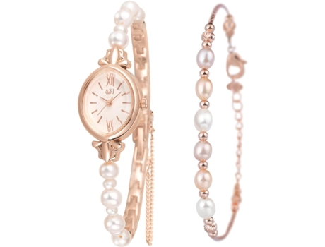 VEANXIN Relojes de perlas naturales Relojes de pulsera impermeables con esfera ovalada para mujer-Cuero Negro Dorado