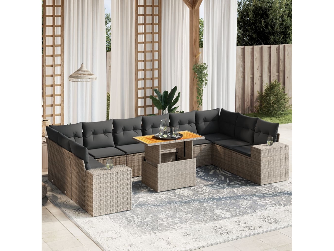 Conjunto de sofá de jardín de 11 piezas con cojines, ratán gris, DKD Home Decor