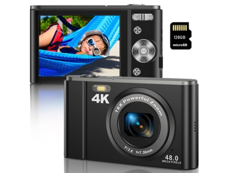 Cámara fotos digital infantil compacta DC303 cámara 4K 48MP Enfoque automático ZOOM 16X Pantalla de 2,8 pulgadas + 128G - Negro LKC