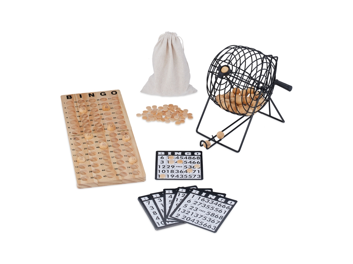 Relaxdays Juego De Bingo Completo, Con Bombo, 75 Bolas, 18 Cartones, 150 Fichas Y Contador, Madera, Natural Y Negro