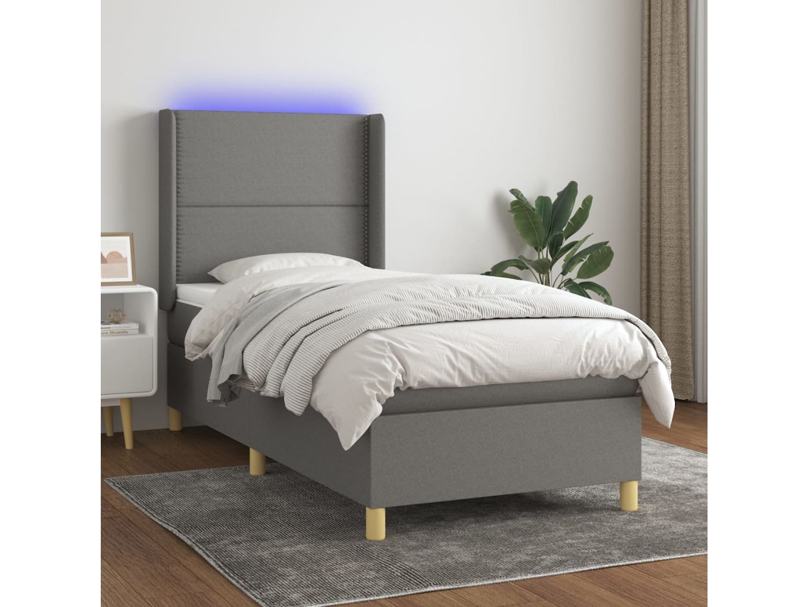 Cama Box Spring Colchón Y Luces Led Tela Gris Oscuro 90x200 Cm