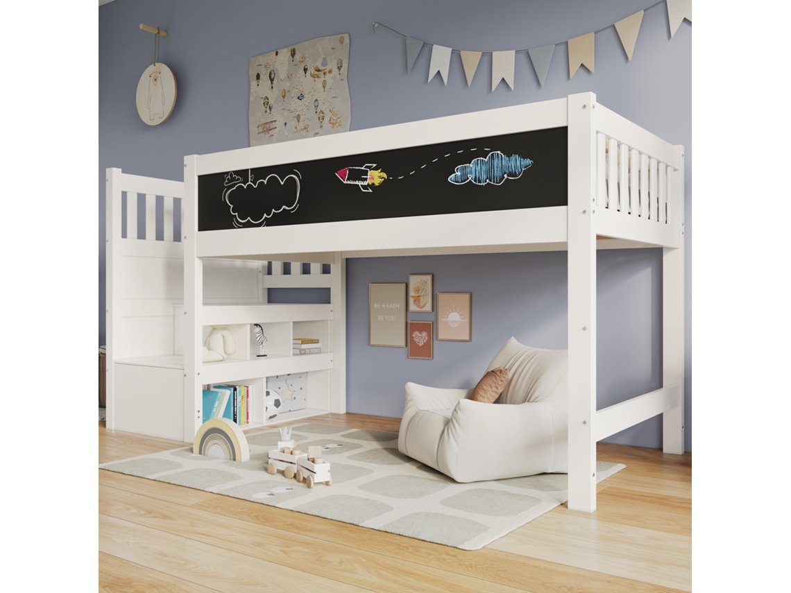 Litera Mezzanine Infantil 90x200 Cm Con Pizarra Blanca, Escalera De Almacenaje, Barrera De Seguridad Y Base, Blanca