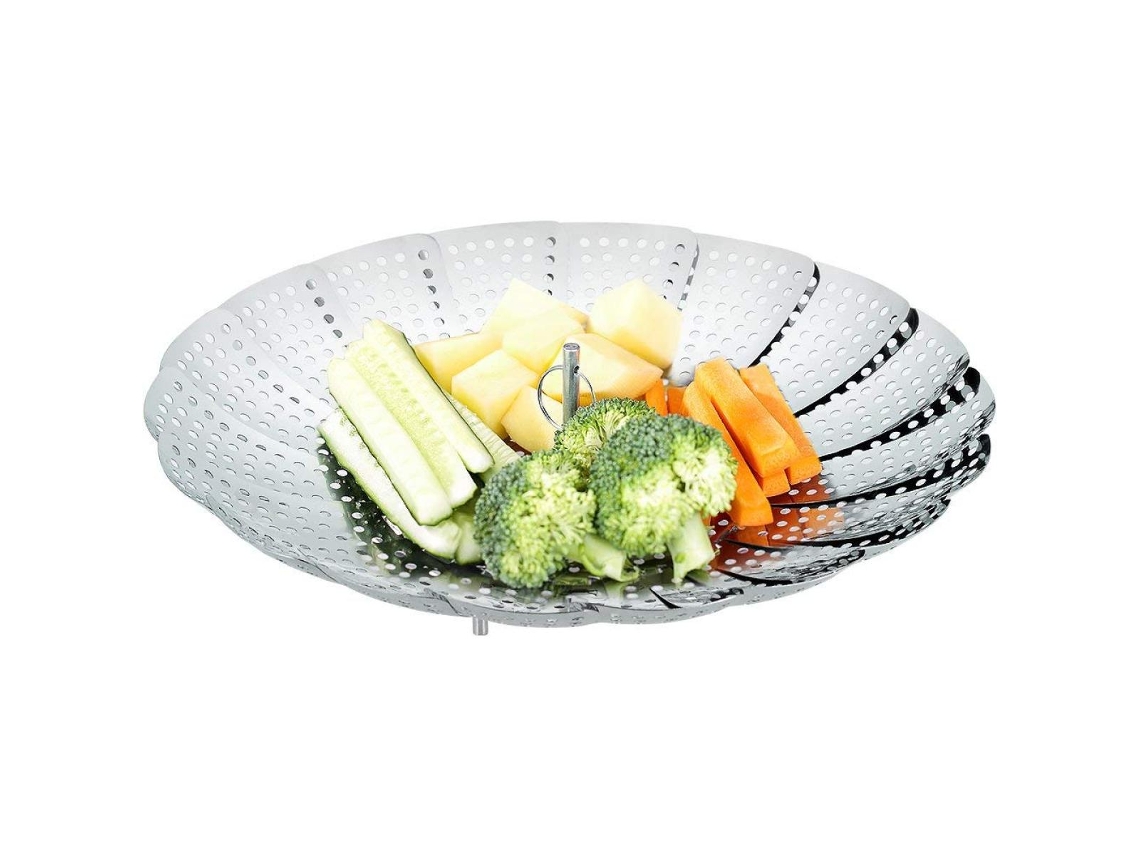 Vaporera de acero inoxidable con diseño plegable, tamaño ajustable de 15,5 cm a 27 cm (6" a 11"), asa de elevación extraíble para un manejo seguro, acero inoxidable