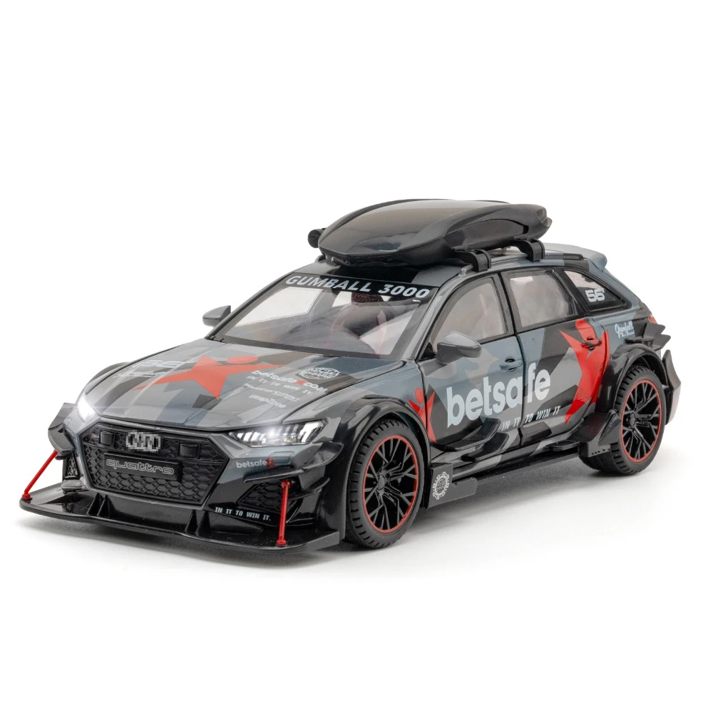 (Gris) Miniatura de Audi RS6 a escala 1/24, fabricada en aleación de metal fundido a presión, con luces y efectos de sonido - Regalo