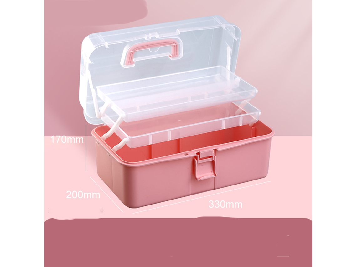 (Rosa) Caja de almacenamiento de 3 capas de 33 cm, caja de herramientas de plástico multifuncional con asa para costura, maquillaje y medicamentos