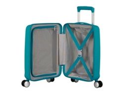 Maleta pequeña American Tourister de 47 cm y 4 ruedas Soundbox Mini, color azul petróleo