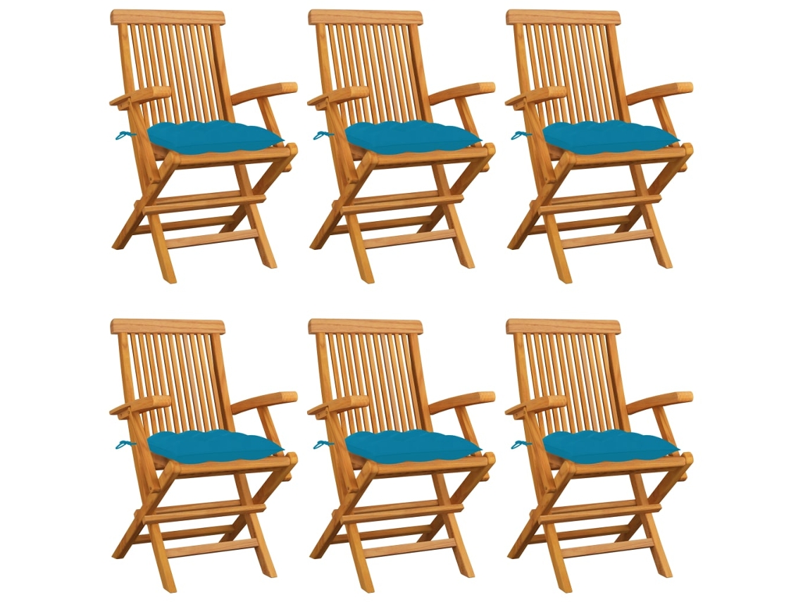 Sillas de jardín DKD Home Decor de 6 piezas con cojines azul claro, teca maciza
