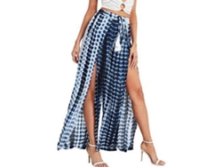 2026-pantalones Largos Anchos Con Estampado Floral Boho, Cintura Elástica Y Lazada Frontal Xxl Azul