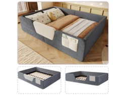 Cama Tapizada De 140x190 Cm Con Barandillas De Seguridad Extraíbles, Bolsillo De Almacenamiento Integrado, Terciopelo Gris, Colchón No Incluido.