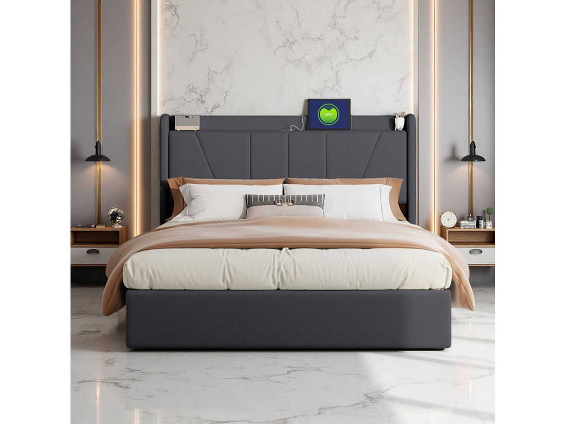 Cama De Matrimonio 160x200 Cama Tapizada Almacenamiento Neumático Cama Moderna Ergonómica Lino Gris 2usb+1type-c Cama Inteligente Espaciosa Adultos