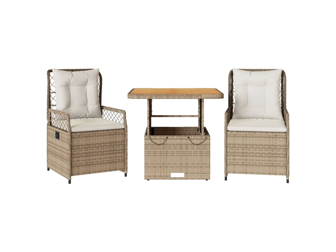 Conjunto de comedor de jardín de 3 piezas con cojines de mimbre, beige, EXCLUSIVO DE LA CASA (3 piezas)