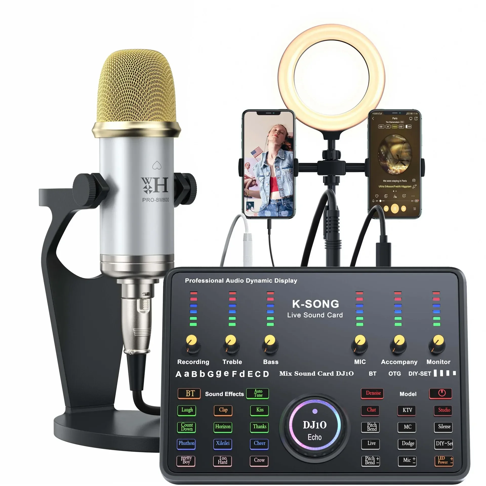 (redonda Plata Oro) Kit De Tarjeta De Sonido Micrófono De Condensador De Estudio