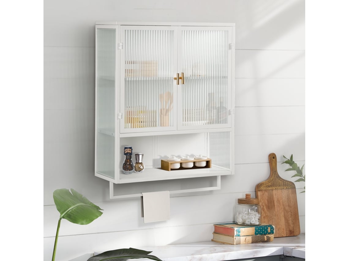 Armario De Pared 60cm - Puertas De Vidrio, Doble Almacenamiento Y Estante Abierto - Blanco