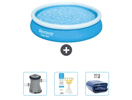Piscina Hinchable Redonda Fast Set BESTWAY - 366 x 76 cm - Azul - Incluida Bomba - Tiras de prueba - Vela solar