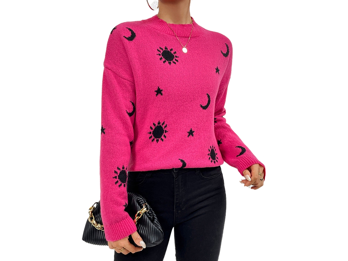 Jersey de punto para mujer Rebe-jersey con cuello redondo, estampado informal, para otoño, invierno, primavera y Halloween, en rojo y rosa, talla L.