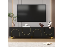 Mueble Para Tv En Negro Y Dorado, 170 X 38 X 44 Cm, 4 Puertas Texturizadas, Apertura Por Presión, Estantes Internos, Patas Redondas Doradas