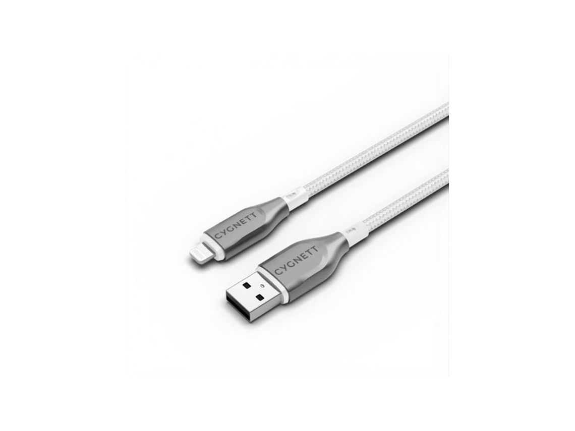Cable de carga y sincronización serial blindado Cygnett de 1 m, 2,4 A, 12 W y conector Lightning a USB A, color blanco